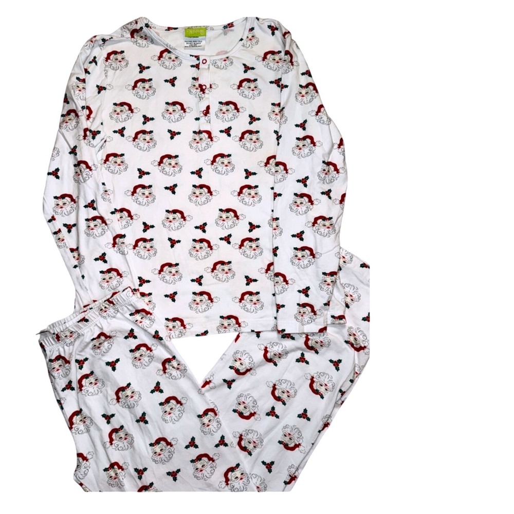 Classic Whimsy Womens Santa Claus Holly‎ Print Pajama Set White Red Small